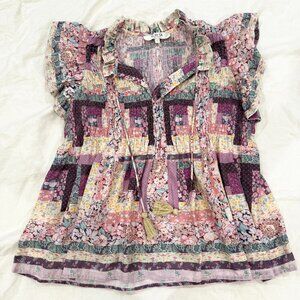 Sea NY Quilt Pattern Blouse Size S with Flutter Sleeves